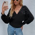 thumbnail image 7 of Hinvhai Plus Size Sweater Tops On Seasonal Clearance Women's V-Neck Winter Pearl Solid Long Sleeve Pullover Tops Sweaters Black 4(S), 7 of 7