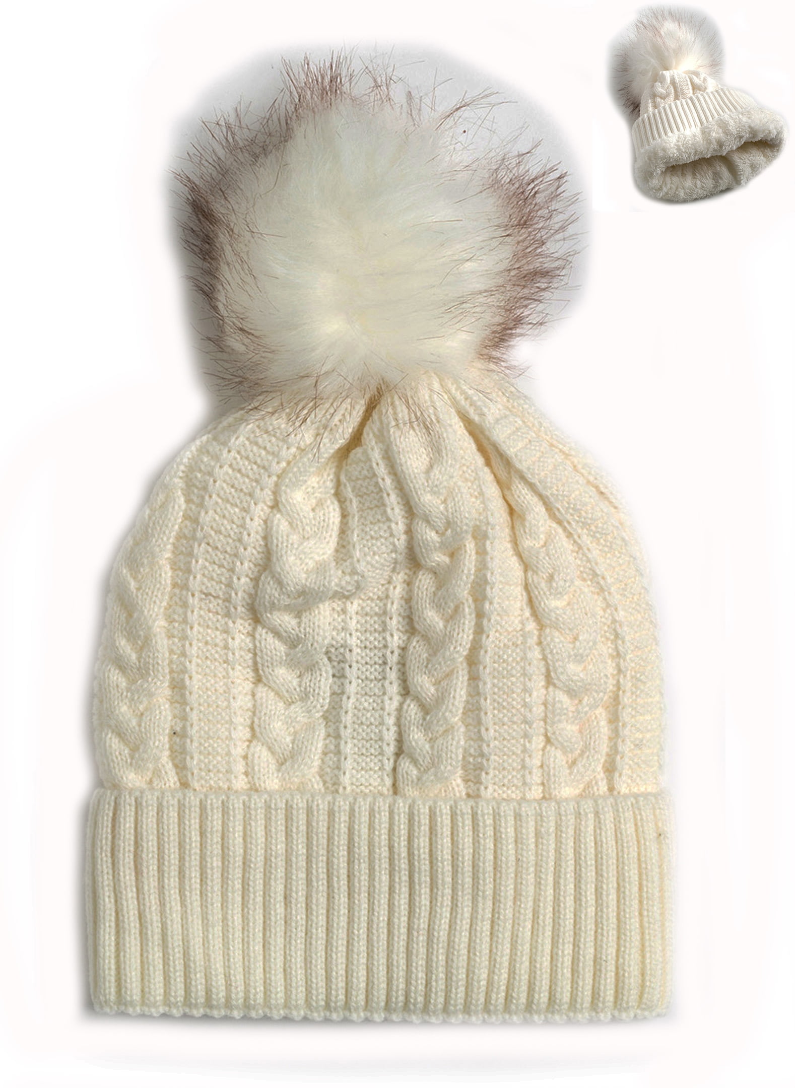 Women Winter Faux Fur Pompom Knit Sherpa Lined Beanie Warm Ski Hat Skull Cap