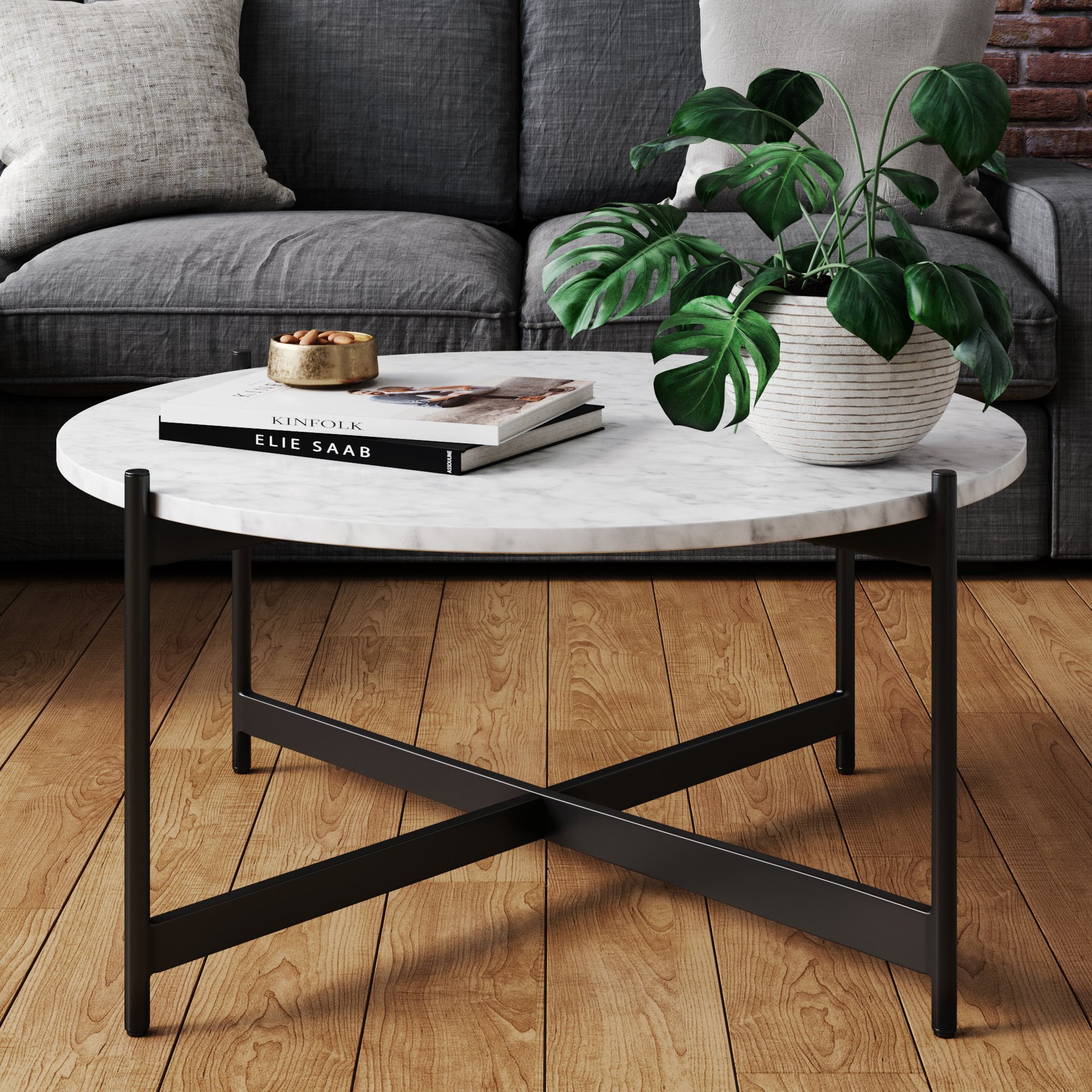 Nathan James Piper White Faux Marble, Black Circle Table For Living Room