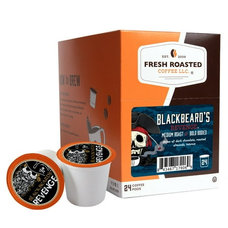 Fresh Roasted Coffee, Blackbeard's Revenge Coffee Pods, Medium Roast, K-cup Compatible, 72 Count
