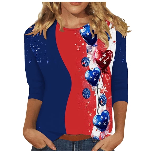 LMKIHUSA Fourth of July Shirts Womens Stars and Stripes USA Flag Print Blouses 3/4 Length Sleeve Crew Neck Tees Casual Trendy Summer 2025 Tops Red,S