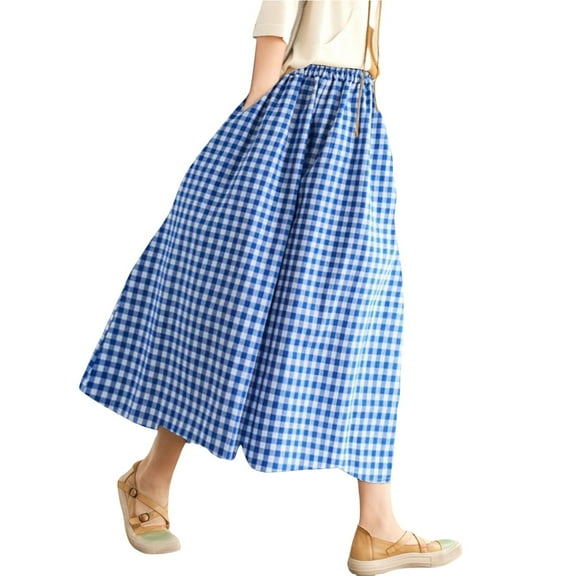 Audhol Gingham Pants, Women's Cotton Linen Pants Elastic Waist Plaid Wide Leg Pants Culottes for Women Blue L
