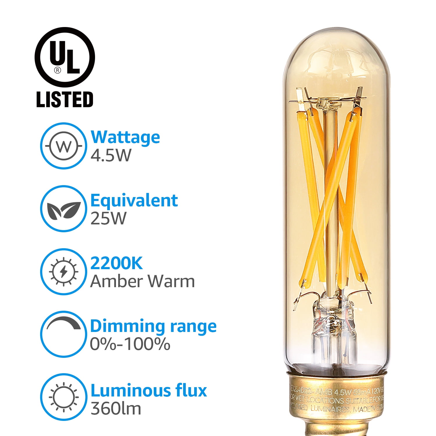 TORCHSTAR 6Pack T25 Tubular Edison Bulbs, Dimmable T6 LED Bulb, E12 Candelabra Bulb, 4.5W(25W Equiv.), for Chandelier, Wall Lamps, Amber Warm Glass