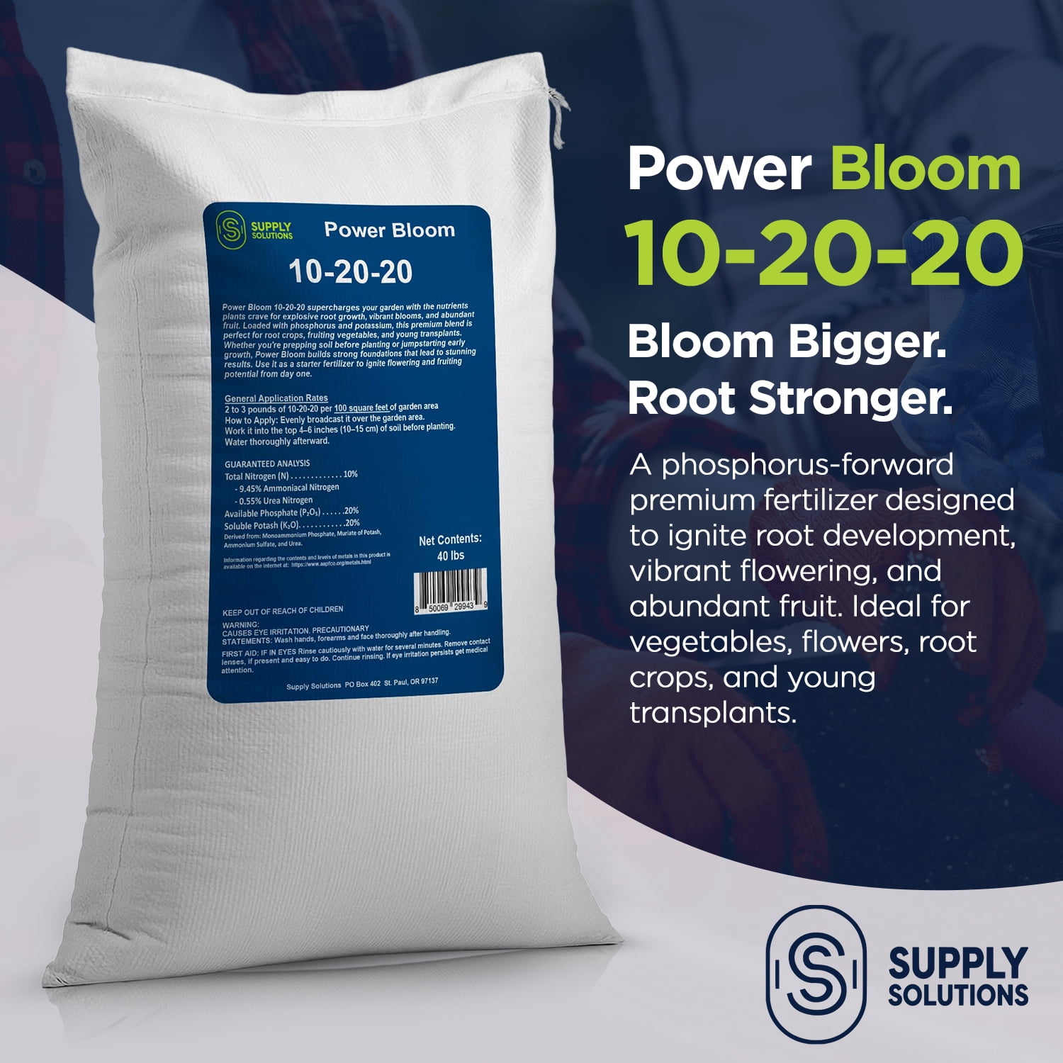 Supply Solutions | Power Bloom 10-20-20 Fertilizer | Bloom Booster Fertilizer for Flowers and Plants, High Phosphorus NPK Fertilizer for Vegetable Garden, Fruit Tree and Flower Fertilizer - 40lbs