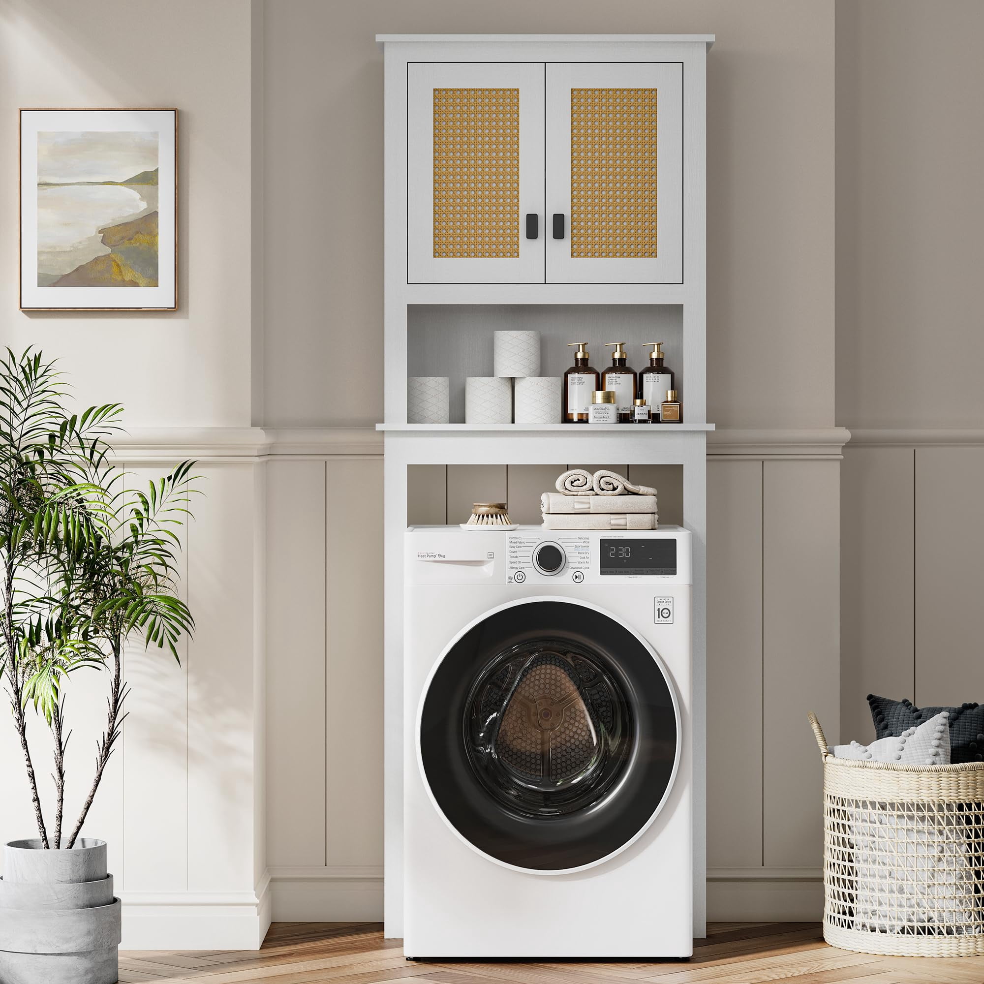 Danolapsi Rattan Toilet Storage Cabinet,Over The Toilet Storage Cabinet,Farmhouse Over Toilet Bathroom Organizer with Rattan Doors,Freestanding Wood Above Toilet Storage Cabinet with Adjustable Shelf
