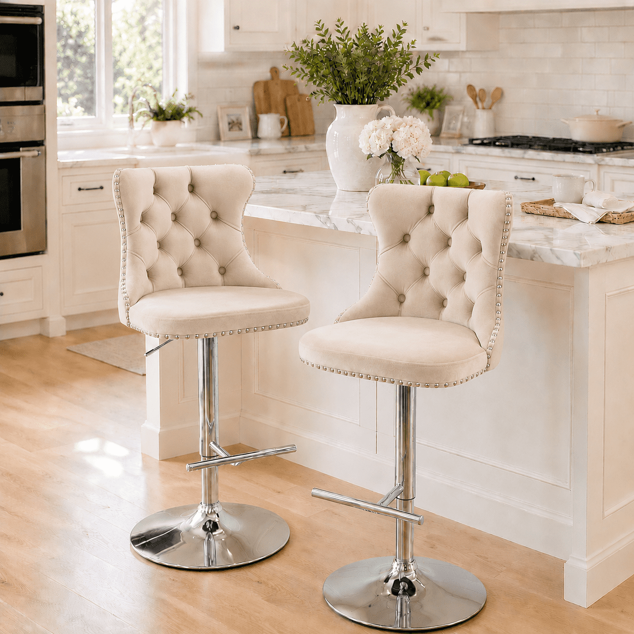 Bar Stools with Back Set of 2, PAPROOS Swivel 25-33''Adjustable Bar Stools Set, Velvet Upholstered Counter & Bar Height Bar Stools with Button Tufted & Nail Trim for Kitchen Island, Beige & Silver