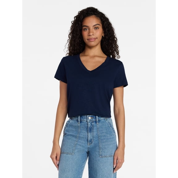Time and Tru Women's V-Neck Slub Tee with Short Sleeves, Sizes XS-XXXL