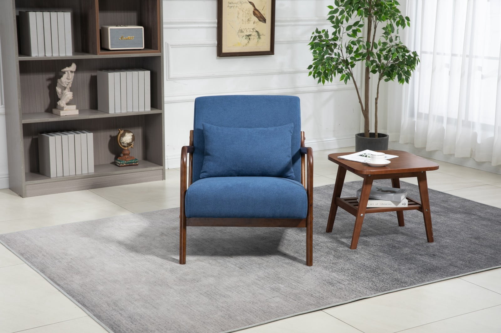 Mid Century Modern Accent Chair Upholstered Living Room Chair with Waist Cushion Wood Frame Reading Armchair for Bedroom Sunroom Indoor Lounge Chair, Dark Blue