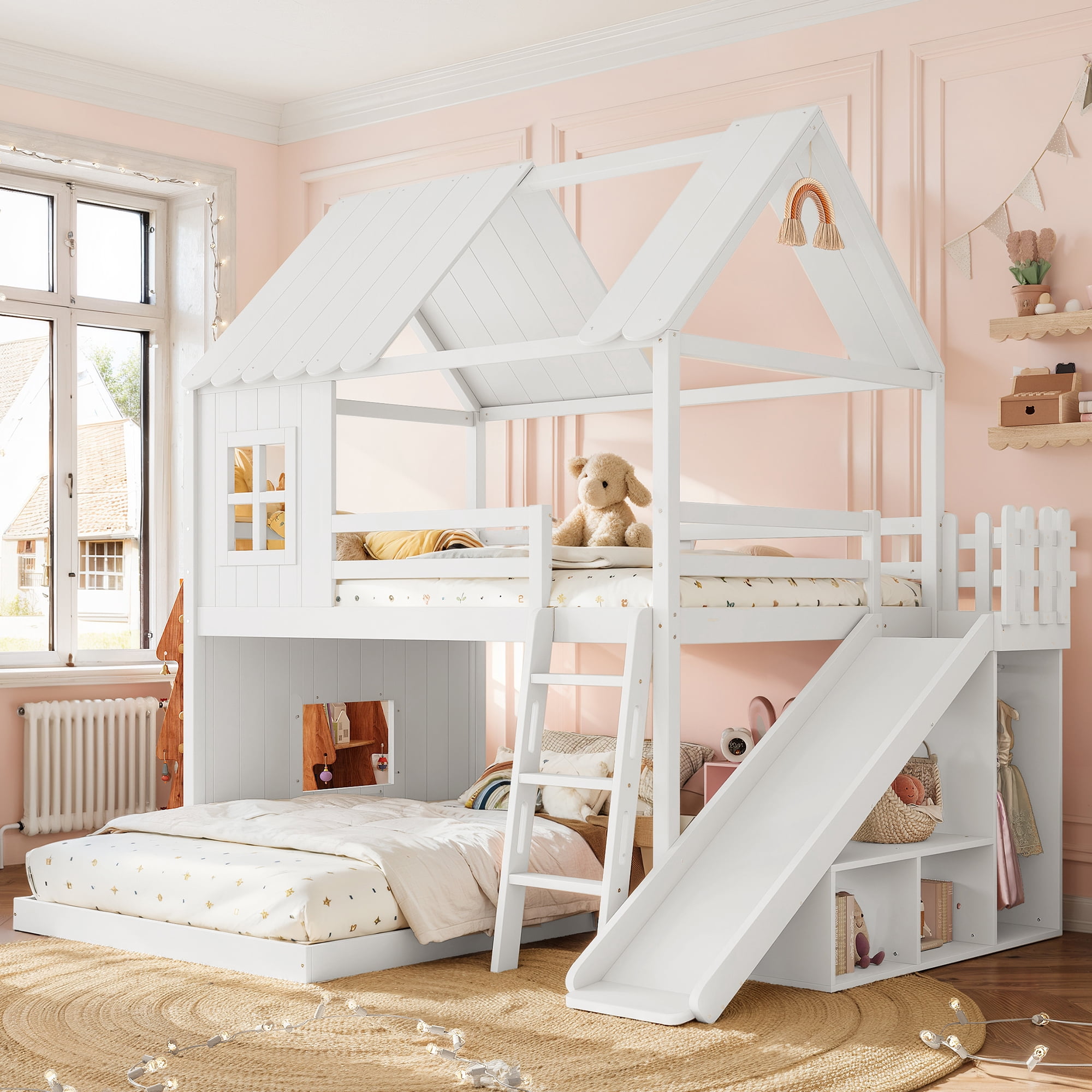 Leumius Full over Full House Bunk Bed with Ladders and Slides, House Floor Bunk Bed Frame with Storage Shelves and Wardrobe, Playhouse Design for Boys Girls White