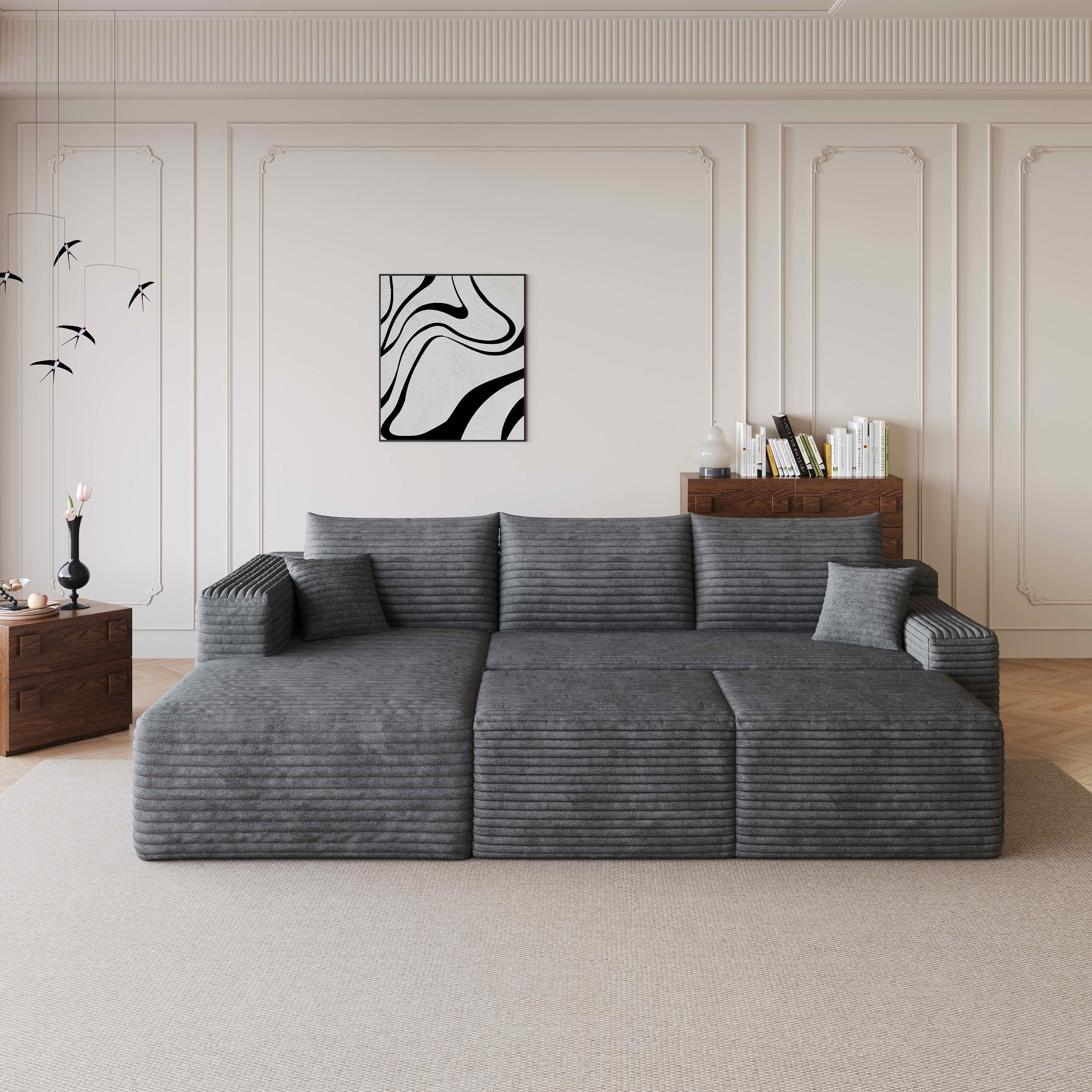 MAYEERTY 95" Cloud Sectional Sofa with 2 Ottomans, U-Shaped Corduroy Deep Seat Couch, No Assembly for Living Room, Dark Gray