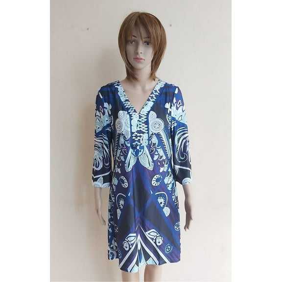 White Mark Dress Psychedelic Bell Sleeve RN 125592 Blue Size M