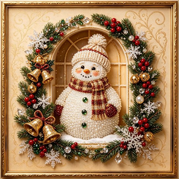 Christmas Snowman Wreath Diamond Art Kit, 8 x 8 x 1 Inch Full Drill Pearl Texture Painting, Sparkling Holiday Wall Decor for Living Room Bedroom, Festive Craft Gift