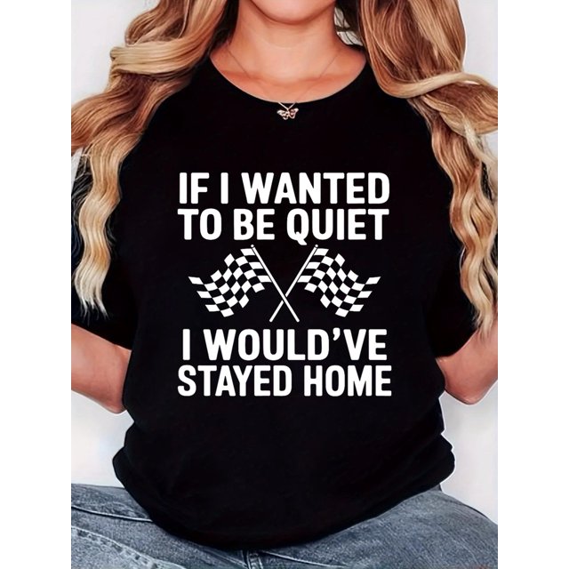 Women'S T-Shirt, "Racing Quote Flag WANTED White" Print, Retro Minimalist Fashion, Round Neck, Casual Comfort, Sports Short Sleeve T-Shirt