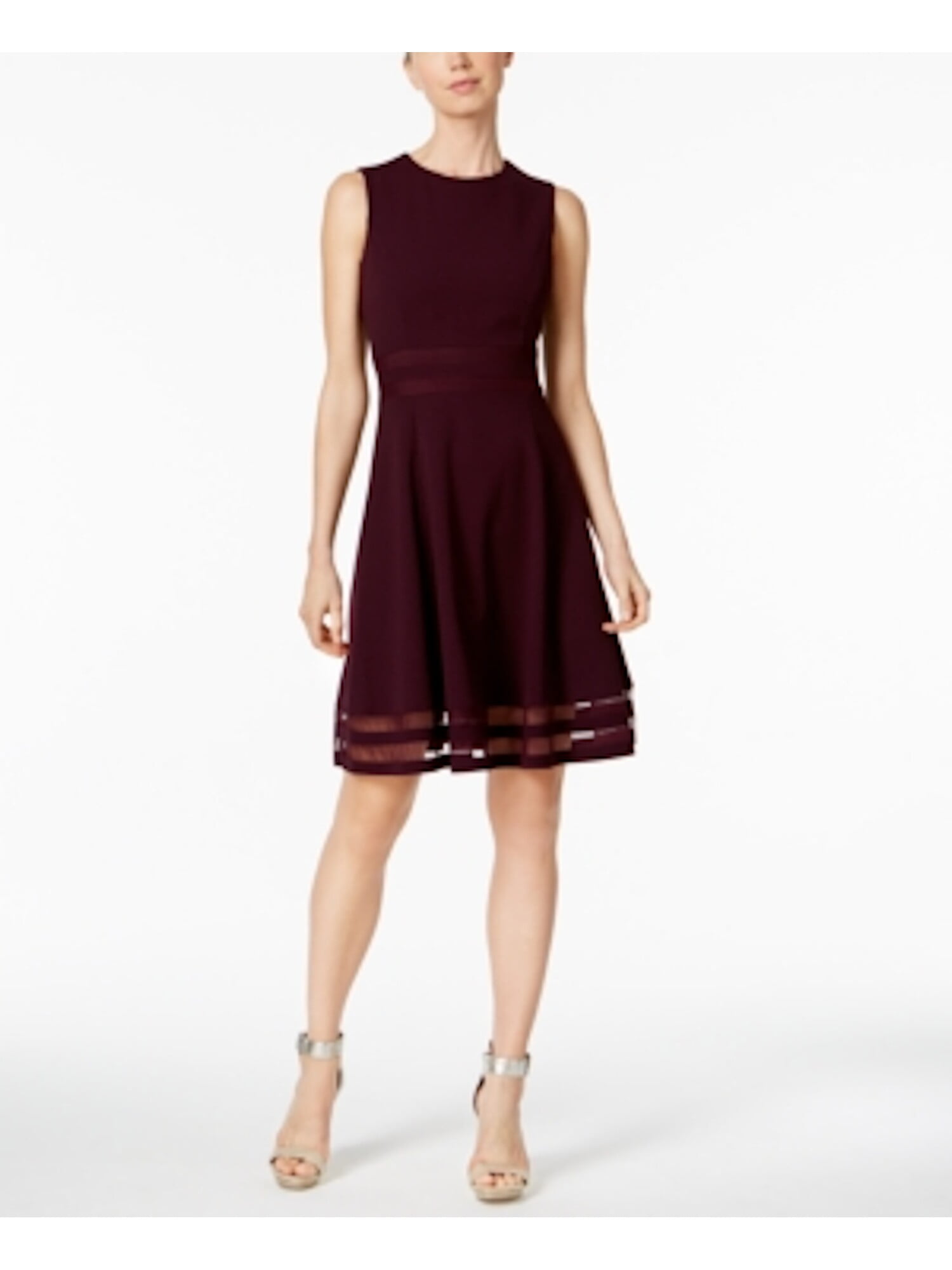 calvin klein women's sleeveless round neck fit and flare dress with sheer inserts