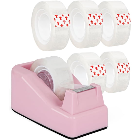 Desktop Tape Dispenser Pink with Weighted Nonskid Base - Includes 6 Rolls of Transparent Tape (0.71 Inch x 1000 inches Each)