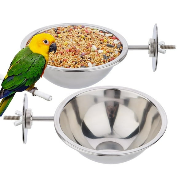 Trianu 2 Pack Bird Feeding Dish Cup, Stainless Steel Birdcage Food Bowl with Clamp Holder for Bird Parrot, 4.33 inch
