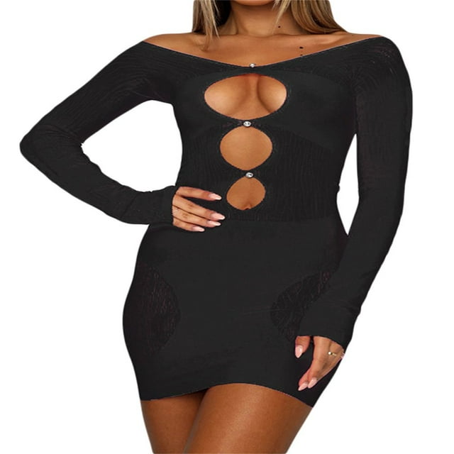 PENGXIANG Robe Cocktail Aguichant Ajourée pour Femmes Bodycon Maille Transparente Patchwork Manches Longues Épaules Dénudées Robe Mini Clubwear