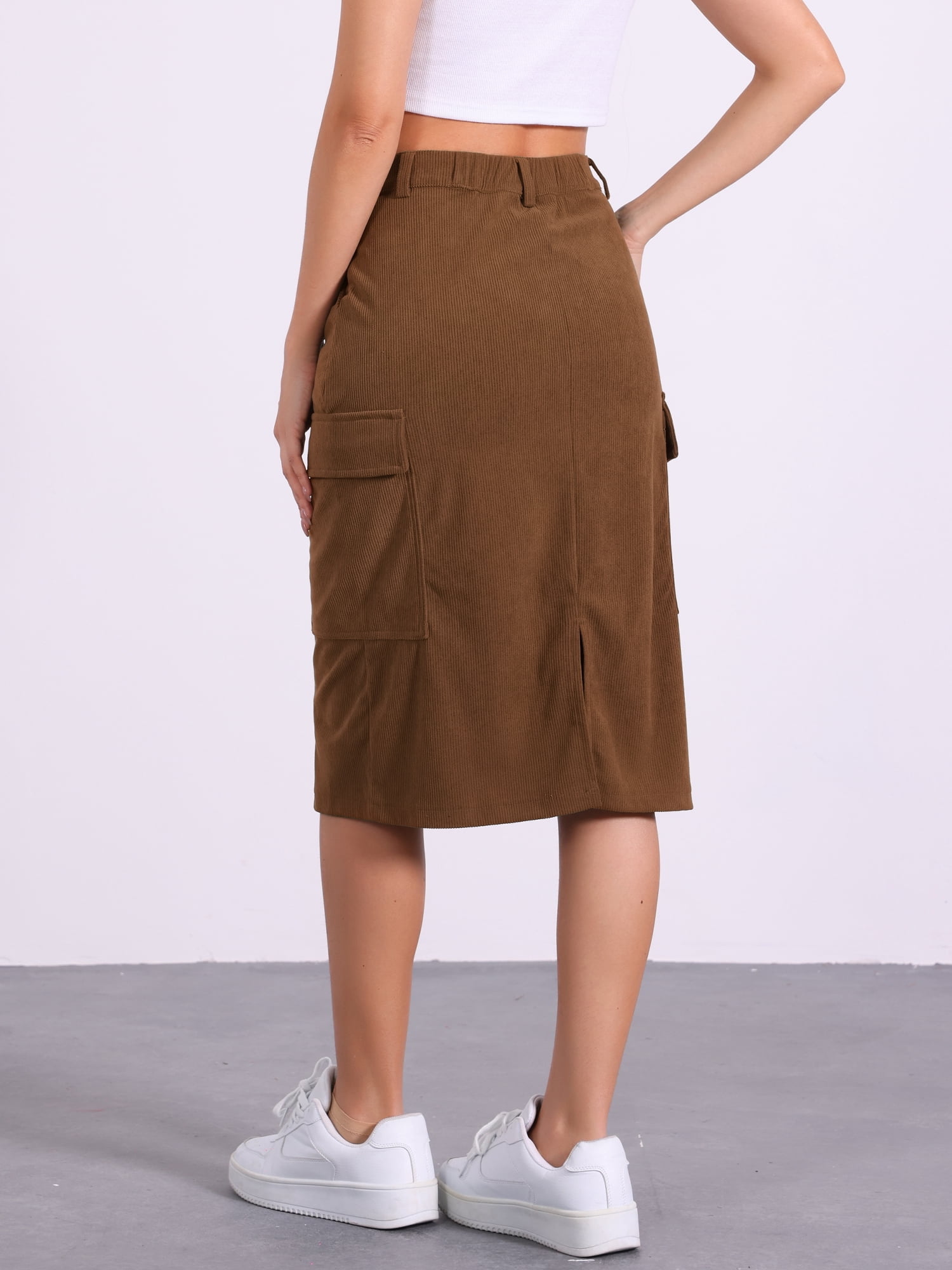DARING DIVA Corduroy Cargo Skirts for Women's Elastic Back Midi Skirt L Brown