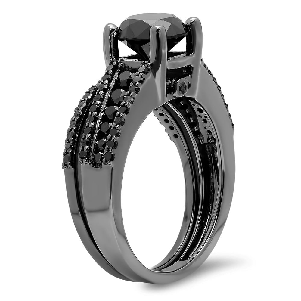 2.85 Carat (ctw) Black Rhodium Plated Sterling Silver Black Diamond Ladies Bridal Engagement Ring Set