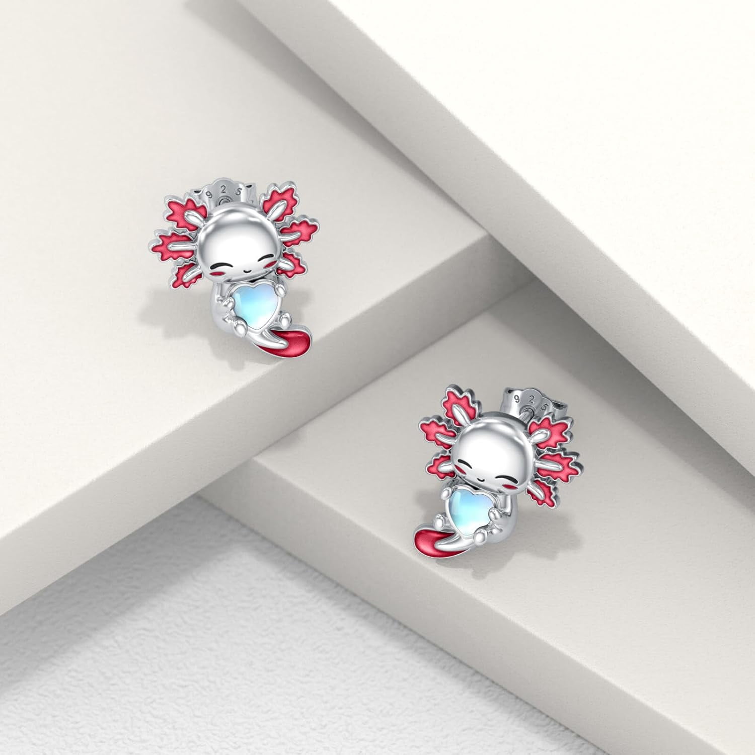 Axolotl Stud Earrings 925 Sterling Silver Cute Red Axolotl Moonstone Earrings Jewelry Gifts for Women Mom Her