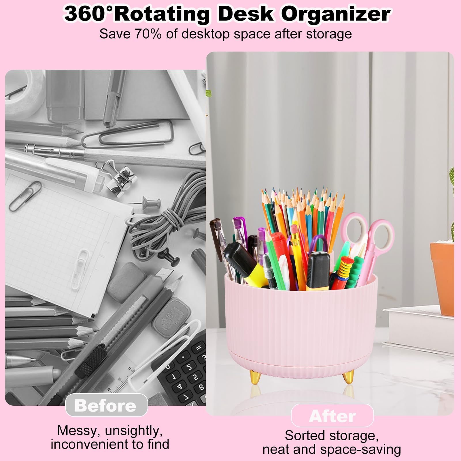 Pink Desk Organizers And Accessories Set With 360-degree Rotating Pen Holder  Tape Dispenser Stapler Staple Remover 1000 Staples Clips Ruler Scissor