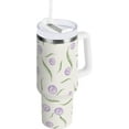 thumbnail image 1 of Gobelet de 40 oz avec Poignée, Couvercle et Paille, Gobelet d'Eau Isolé, Tasse d'Eau en Acier Inoxydable, Tasse Bouteille Réutilisable, Compatible avec Porte-Gobelet, Floral Violet, 1 of 6