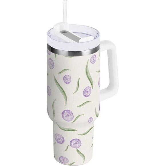 40 oz Tumbler with Handle Lid and Straw Insulated Water Tumbler Stainless Steel Water Cup Mug Bottle Reusable Cup Holder Friendly Floral Purple