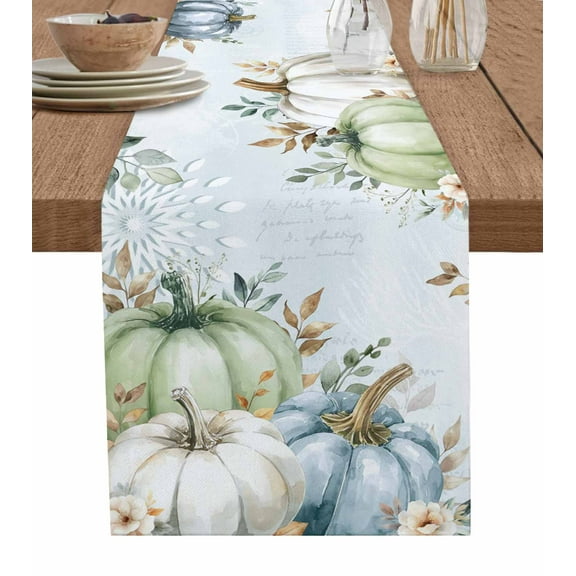 Green Blue Pumpkins Fall Table Runner 120 Inches, Eucalyptus Leaves Thanksgiving Floral Bed Runner Dresser Scarves Tabletop for Indoor Outdoor Parties/Ceremony/Banquet, 13"x 120"