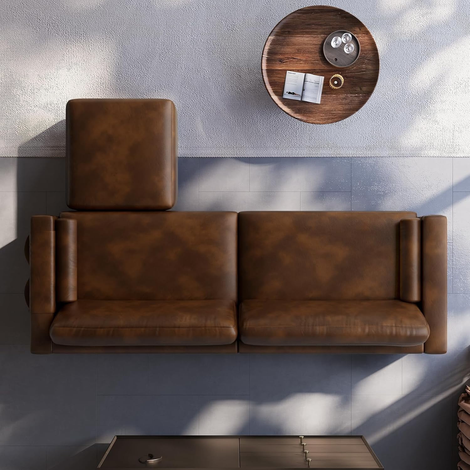 Neche 100" PU Faux Leather Couch with Movable Ottoman, Large 2 Seater L Shaped Leather Sectional Sofa with Side Pocket, Comfy Mid Century Modern Modular Sofa for Living Room, Apartment, Cocoa