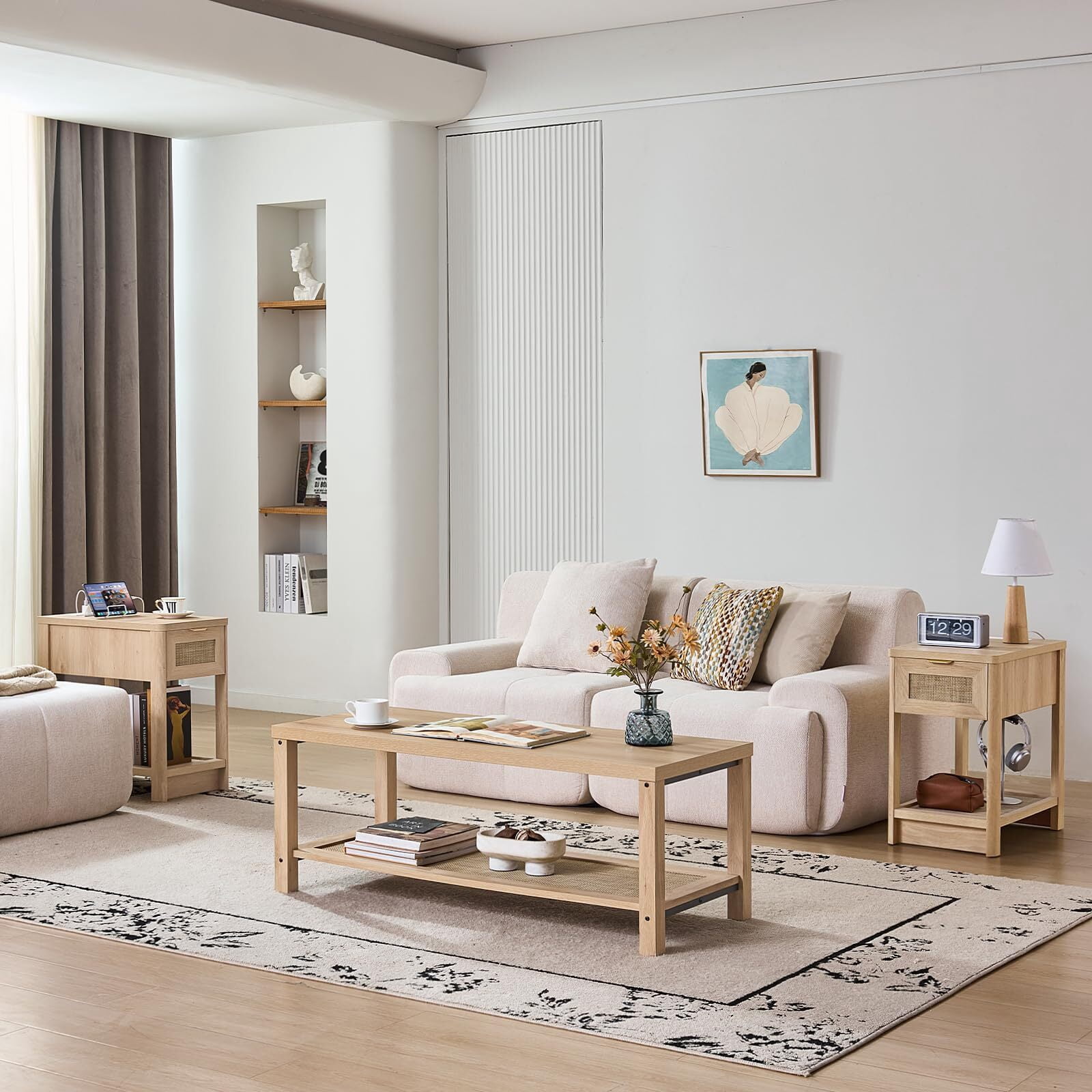 Buildhom Boho Rattan Coffee Table with Woven Open Shelf, Natural Wood Center Table for Living Room, Natural