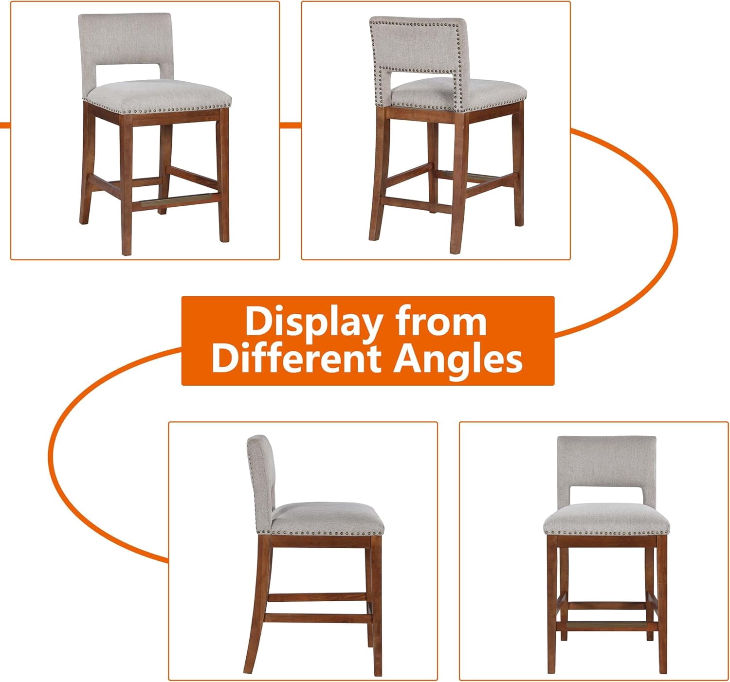MOONMISS Linen Bar Stool with Open Back Set of 2,26" Seat Height Upholstered Wooden Counter Chair with Nailhead Trim for Kitchen