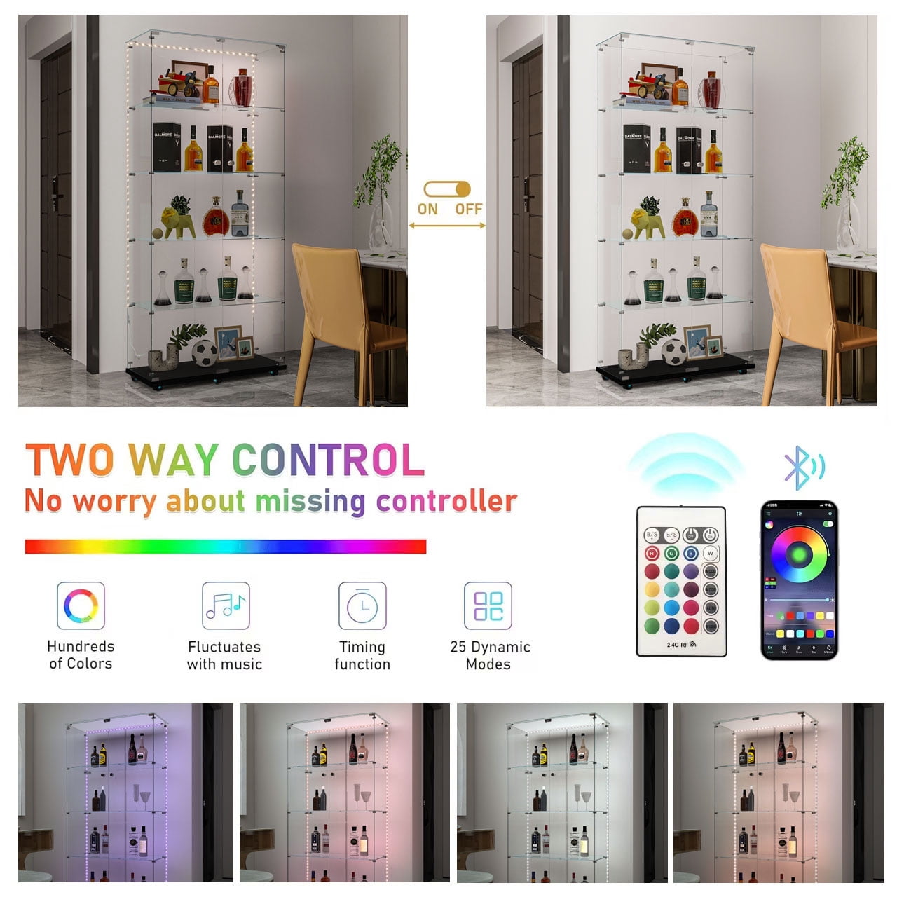 MAYEERTY 5 Tiers Glass Display Cabinet with Bluetooth LED Light Strips, Wine Storage Cabinet, Lock on Door, Tempered Glass Top, with Universal Wheels, Black