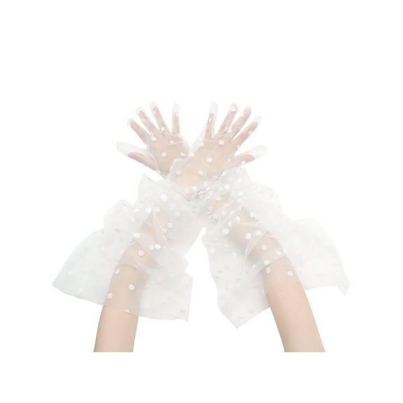 INSPIRE CHIC Women's Extra Long Lace Summer Flared Cuffs Gloves Full Finger Sheer Polka Dots Glove One Size White Big Dots
