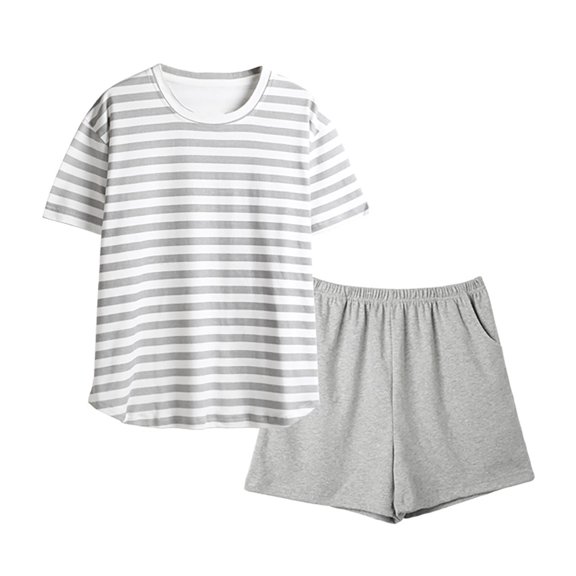 GZEFJRQM Nightgowns for Women Women 2 Summer Set Striped Short Sleeve T Shirts and Shorts Matching Sets Pajamas Sleepwear Outfits Women Pajama Sets Grey