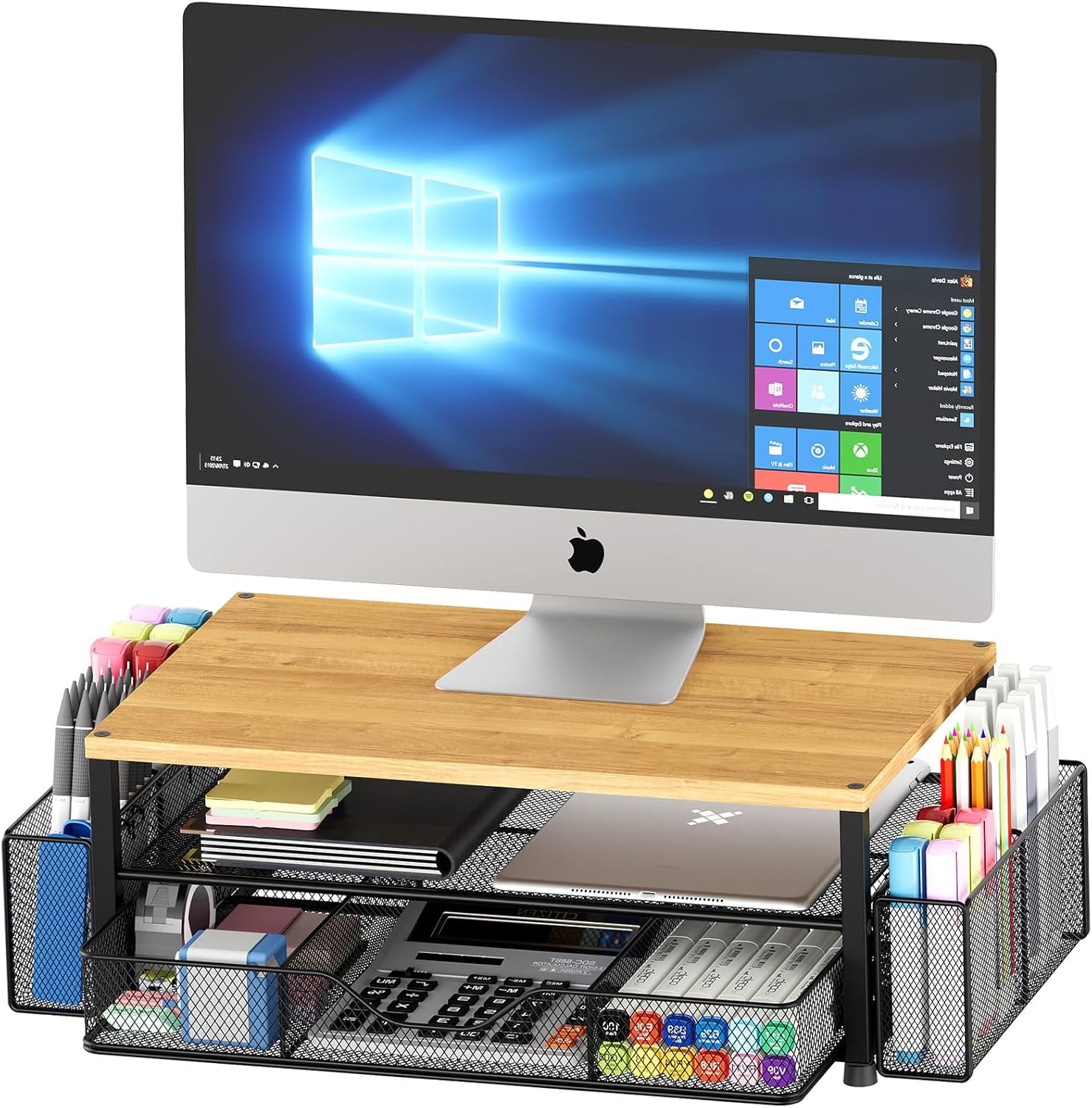 A house of tools Desk Organizers and Accessories, 2-Tier Computer Monitor Stand with Drawer and 2 Pen Holders, Office Desk Accessories Workspace Desktop Organizers for Office Supplies, Oak