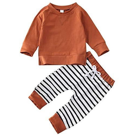 StylesILove Baby Boys Autumn Winter Brown Long Sleeve T-Shirt and Striped Pants 2pcs Cotton Outfit
