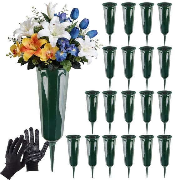 Aovky Cemetery Vases for Grave with Stakes, 20 Pack Plastic Grave Flower Holders with Gloves, Memorial Headstone Grave Decorations for Cemetery