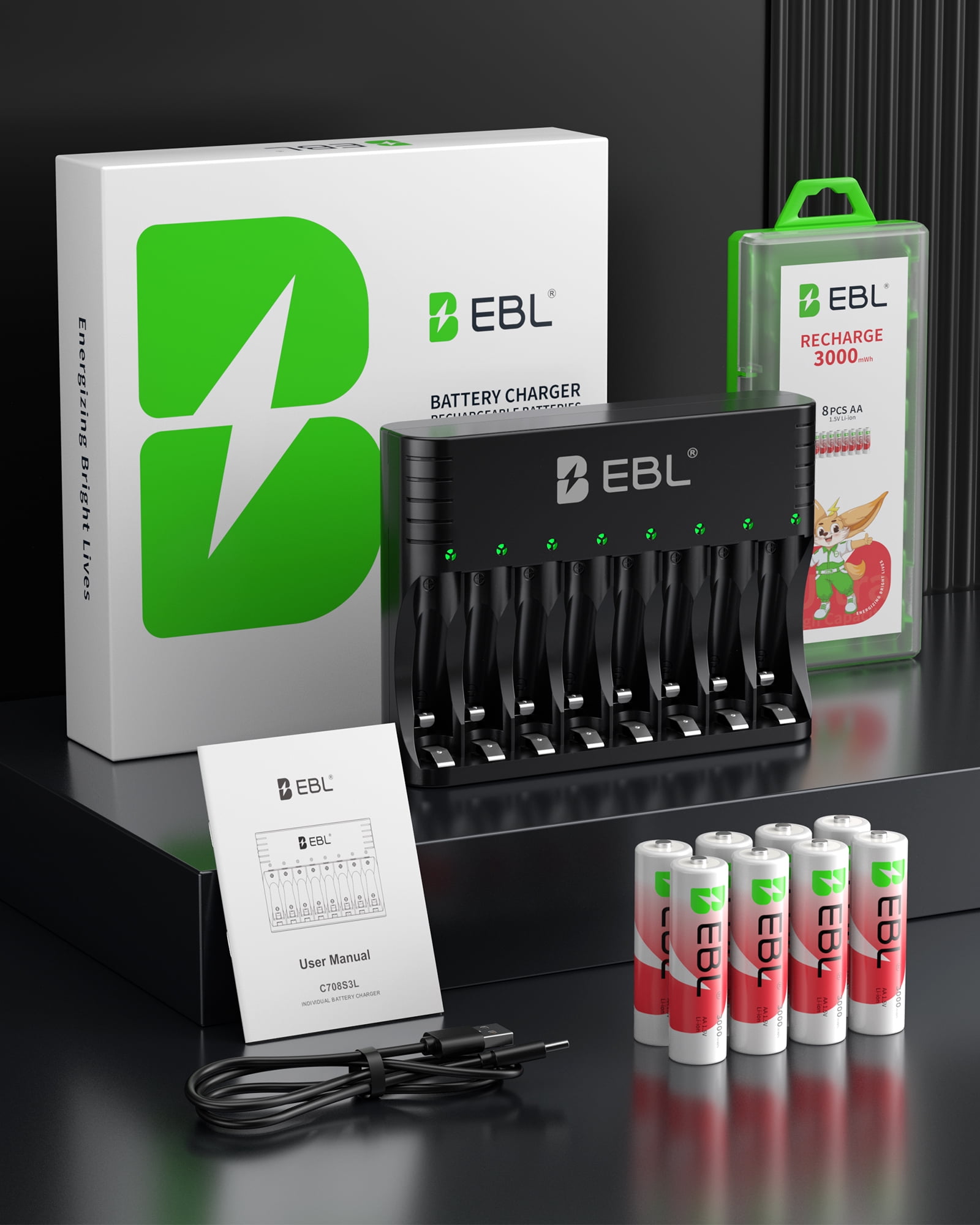 8pcs 3000mwh AA 1.5V Li-ion Rechargeable Batteries +  8 Slots LCD Charger for 1.2V & 1.5V AAA &AA Rechargeable Batteries
