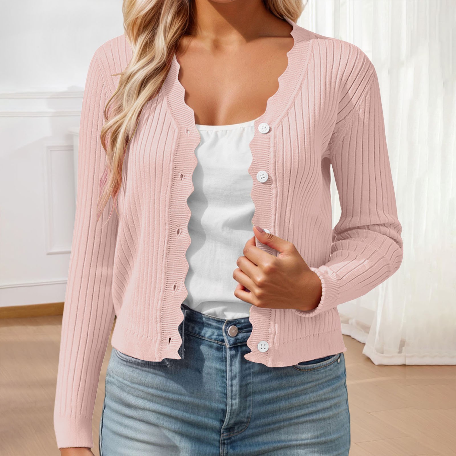 HNMKIU Short Cardigans for Women Fashion V-Neck Scalloped Edge
