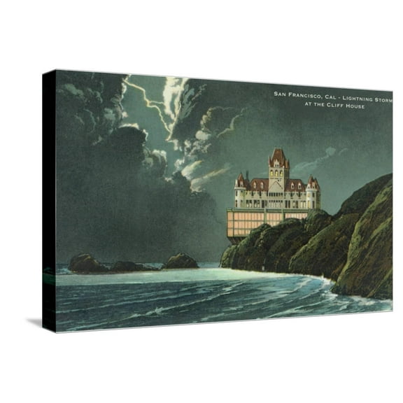 Art.com Cliff House during Lightning Storm, San Francisco, California Stretched Canvas Print Wall Art, 24" x 16"