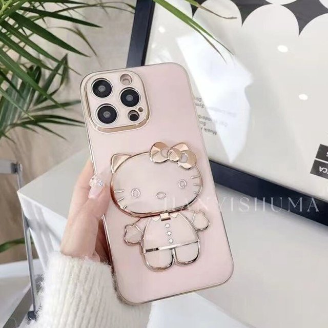 Funda de teléfono Kawaii Hello Kitty con soporte de espejo de maquillaje, carcasa de teléfono móvil Kt Cat para Iphone 14, 13, 12, 11 Pro Max, Xr, Xs zhangmengya LED