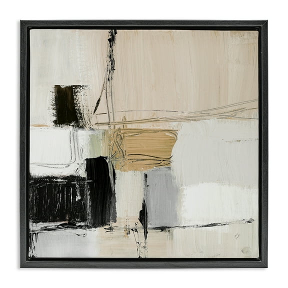 Stupell Industries Beige Black Organic Collage Abstract Painting Black Floater Framed Canvas Art Print Wall Art, 18 x 18