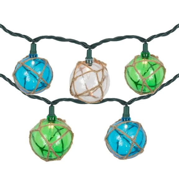 Northlight Natural Jute Wrapped Ball Patio Light Set - Blue and Green - 6' Green Wire - 10ct