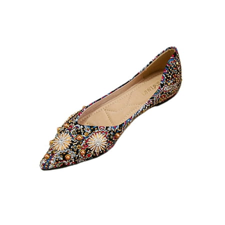 

Rotosw Ladies Dress Shoe Slip On Flats Rhinestones Flat Shoes Lightweight Ethnic Floral Ballet Walking Anti-Slip Black 5.5