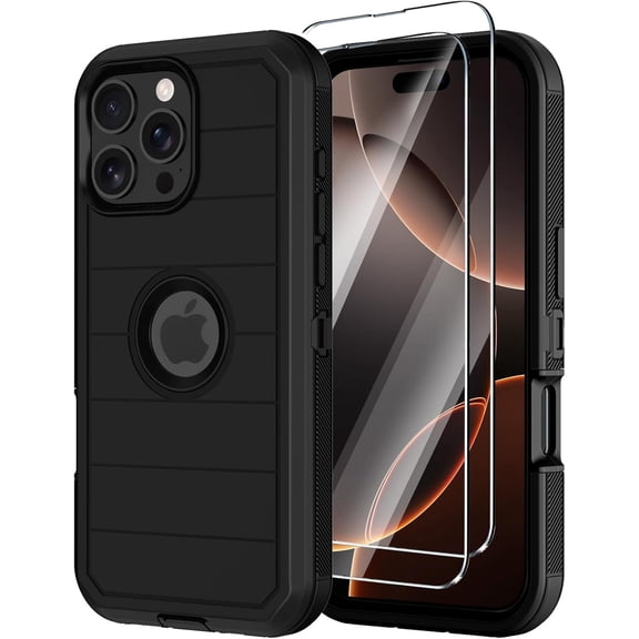 For iPhone 16 Pro Max Case with Screen Protector,Heavy Duty 3-Layer Military Grade Drop Protection Cases,Full Body Shock-Absorbing Dust Proof Rugged Bumper Phone Cover for Apple 16 Pro Max (Black)