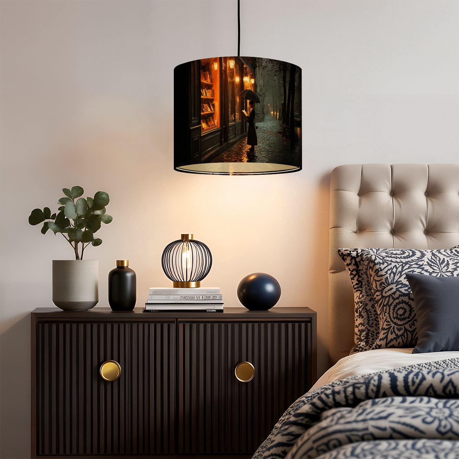 Gothic Linen Drum Lampshades Rainy Evening Street Reading Under Umbrella Warm Lit Bookstore 13"x13"x10" Light Shade for Table Lamps Floor Lamp Shades Lampshade Replacement Assembly Required