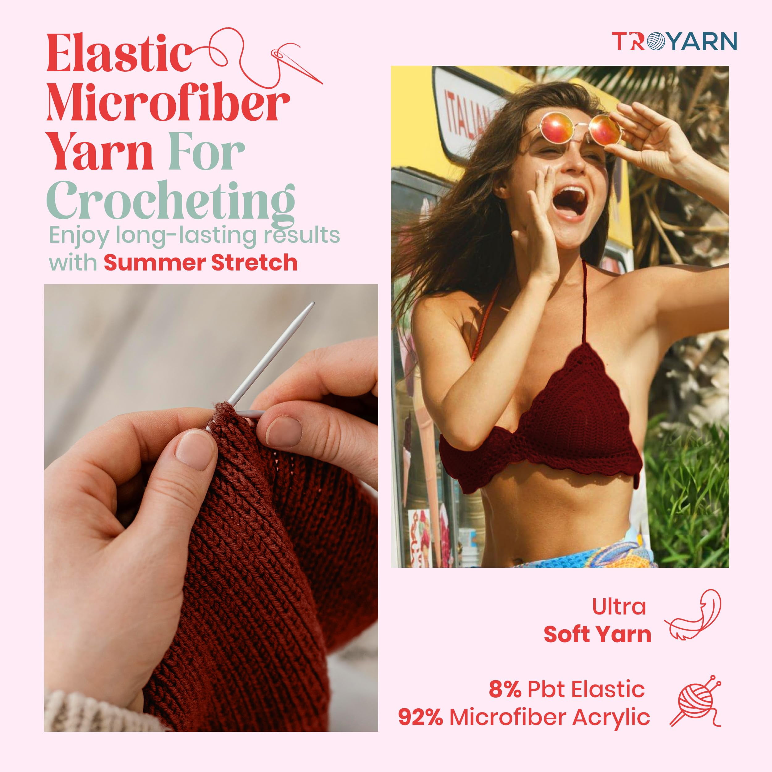Troyarn Summer Stretch Acrylic Yarn for Crocheting - 4 Skein Red Yarn Made from 100% Elastic Microfiber Acrylic for Knitting, 100gr 438 yds (11457 - Claret Red)