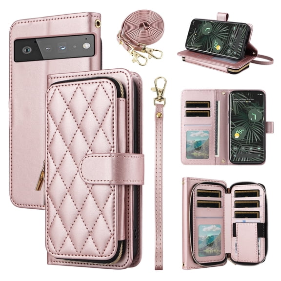 Furiet Wallet Case for Google Pixel 6 Pro with Wrist/Crossbody Shoulder Strap Luxury PU Leather Card Holder Stand Cell Phone Cover Card Slots for Pixel6Pro Pixel6 XL 6XL Pixle 6Pro 5G Women Rose Gold