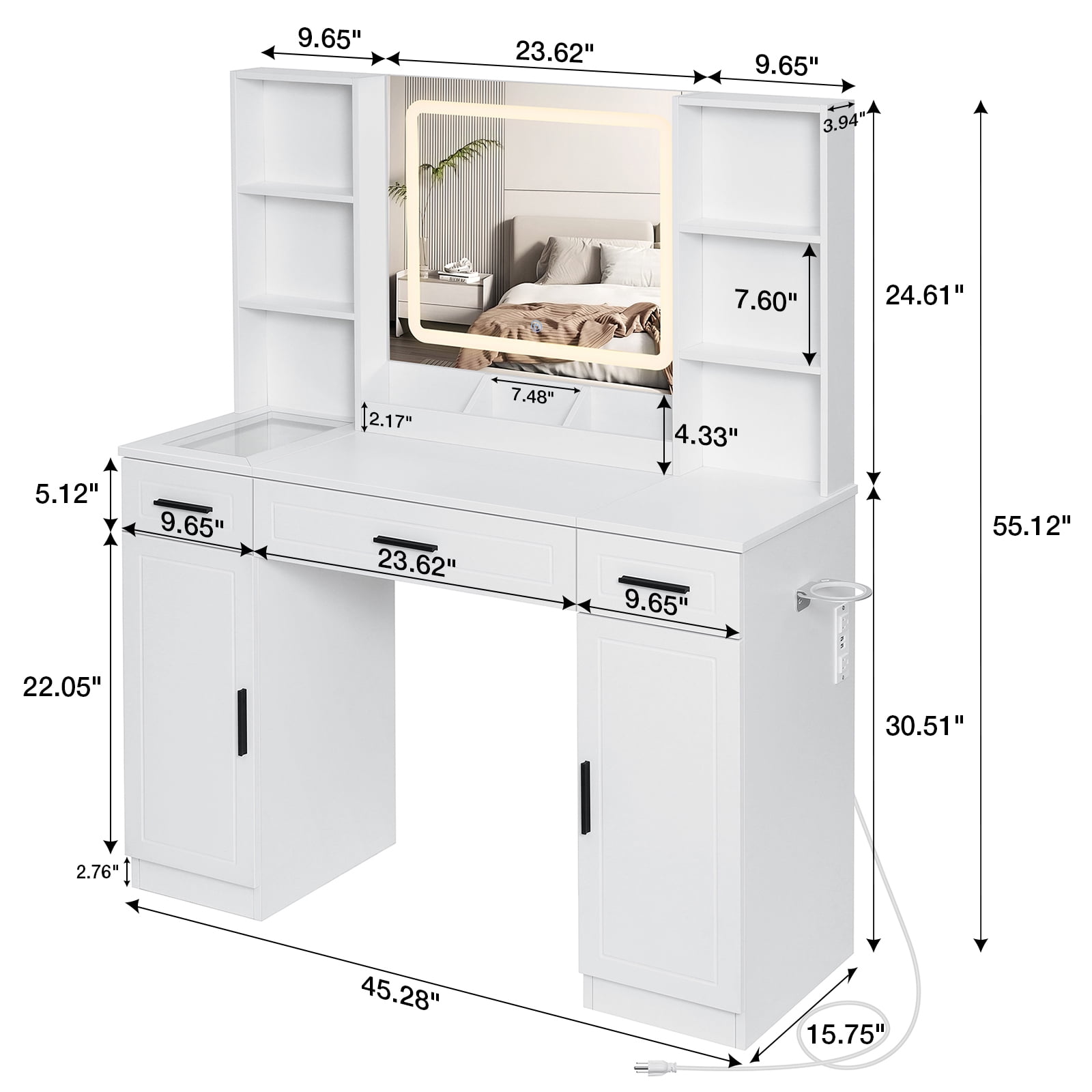 Hommpa Vanity Set with Mirror and Lights, White Vanity Glass Top Makeup Vanity Desk with Charging Station 3 Drawers 2 Cabinets, Vanity Table for Girls Women Dressing Table