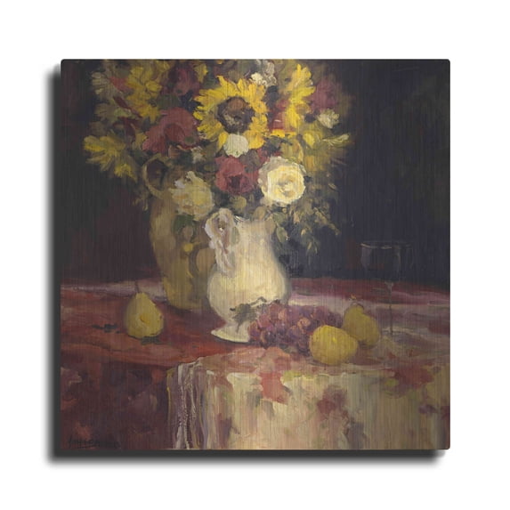 Luxe Metal Art 'Sunflowers And Wine' by Allayn Stevens, Metal Wall Art, 12"x12"